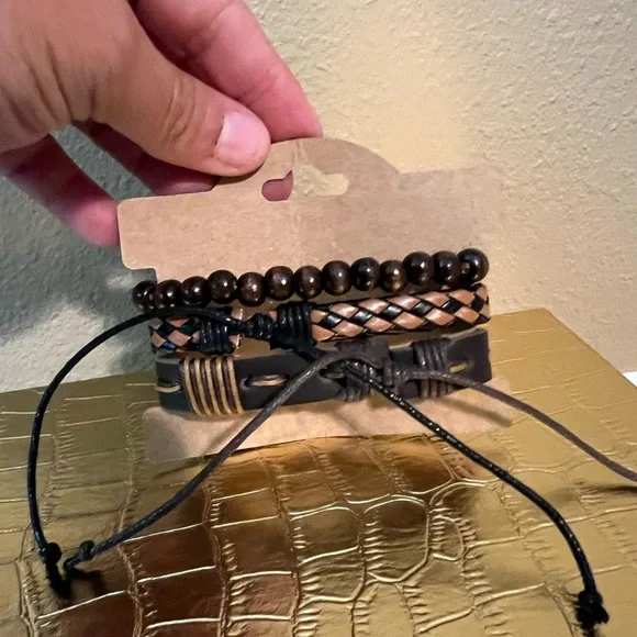 Men's Brown and Black Bracelet Set 3 pc - Picture 3 of 4